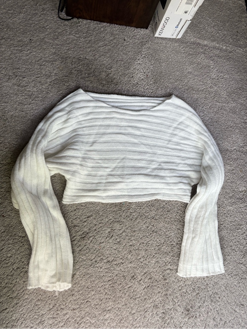 Cropped White Ribbed Knit Sweater